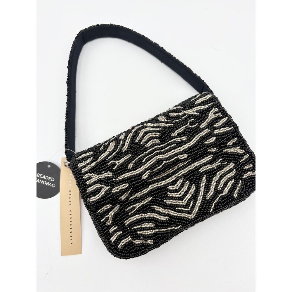 Beaded‎ Evening Bag Clutch Purse Zebra Print Party Handbag Black